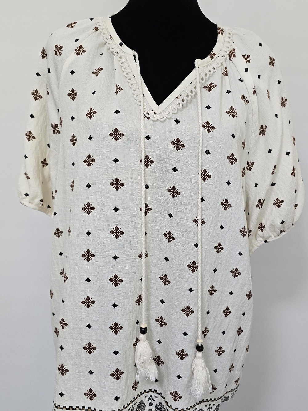 Women’s Cream Embroidered Peasant Top with Tassels